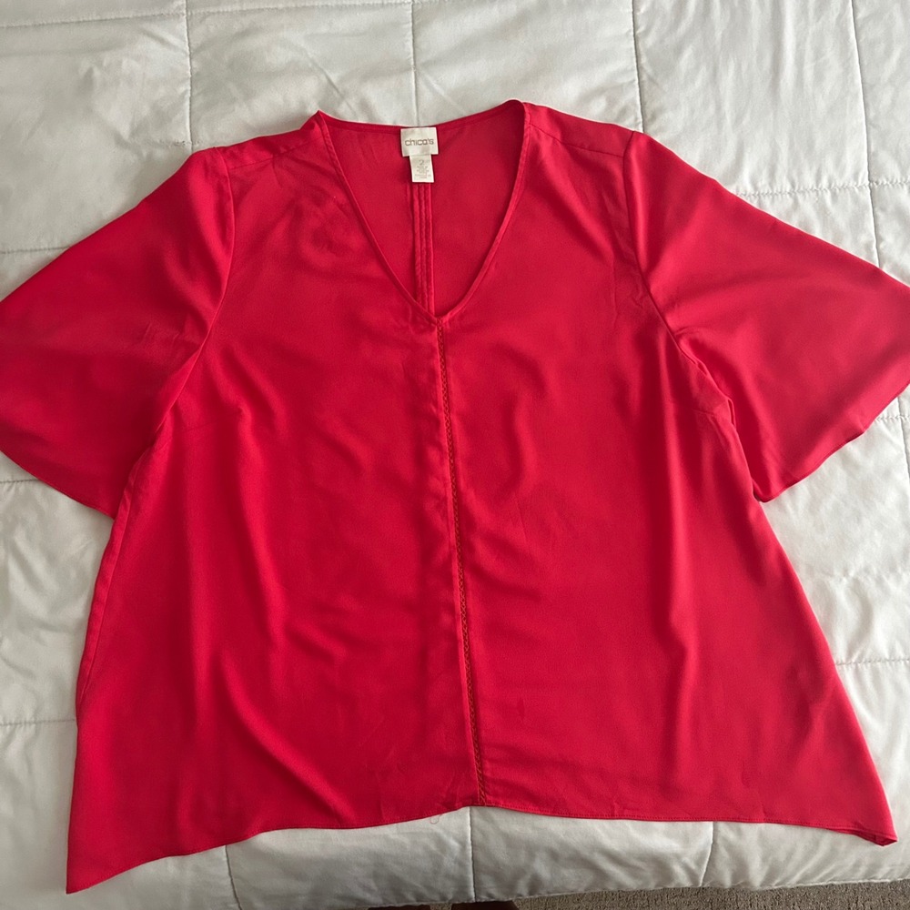 Chicos Coral Flutter Sleeve Blouse Ladder Stitch Size 2 Large Career flowy chic